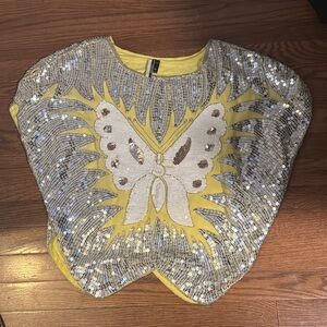 Vintage look top shop  sequin butterfly top/ one size / silver and yellow